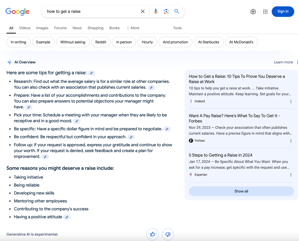 Google AI Overview functionality