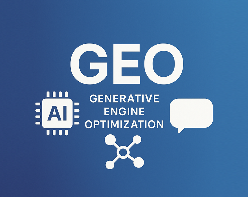 GEO-Kapitelbanner—‘GENERATIVE ENGINE OPTIMISATION’ mit KI-Chip, Sprechblase und Knoten-Icons auf blauem Farbverlaufshintergrund.