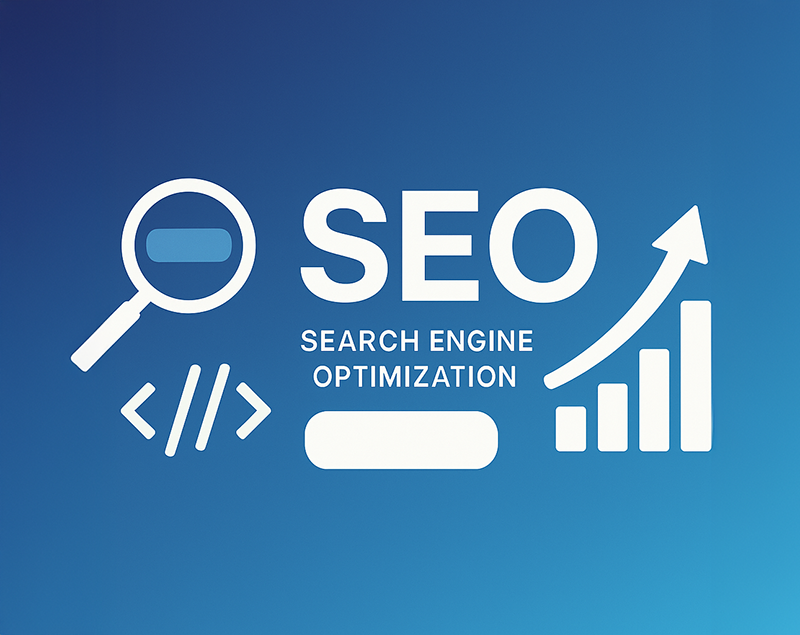 SEO-Banner, das eine Lupe, eine Suchleiste, Code-Klammern und einen aufwärts gerichteten Wachstumspfeil auf einem blauen Farbverlaufshintergrund zeigt, der Suchmaschinenoptimierung darstellt.