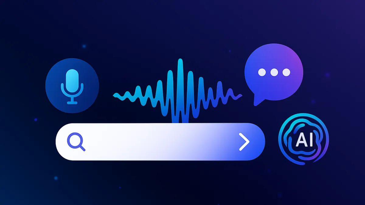 Stylised search bar flanked by microphone, voice waveform, chat bubble and AI icon—representing SEO, AEO and GEO.