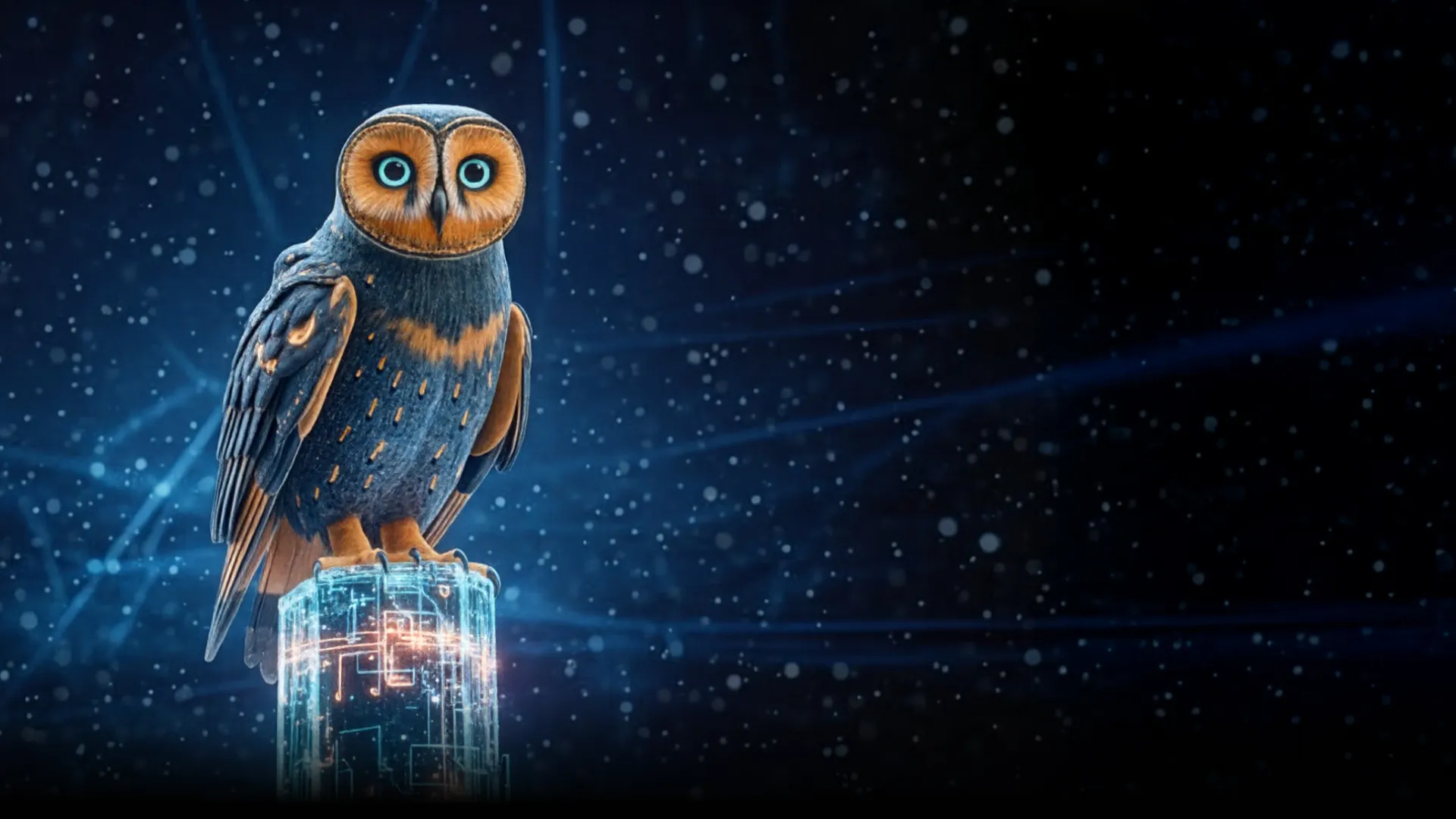 Eule auf einem Sockel als Key Visual des KI Trail